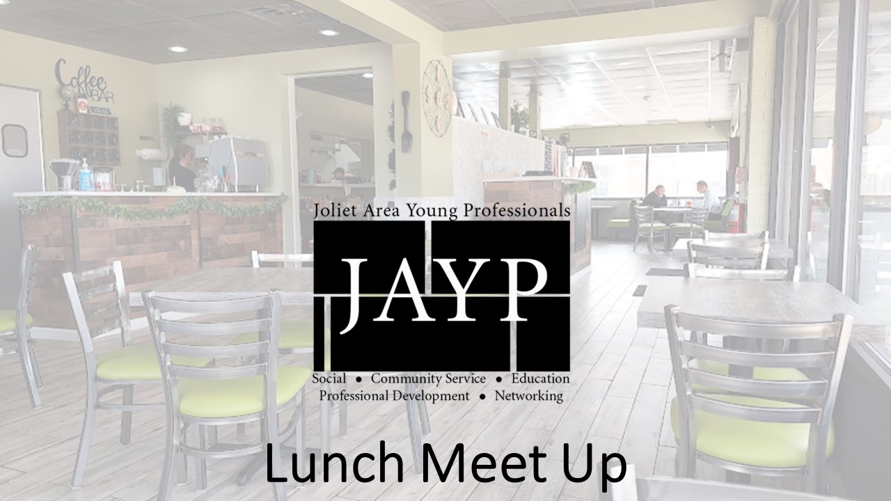JAYP Logo with Lunch Meet Up text on ghosted background of restaurant dining room